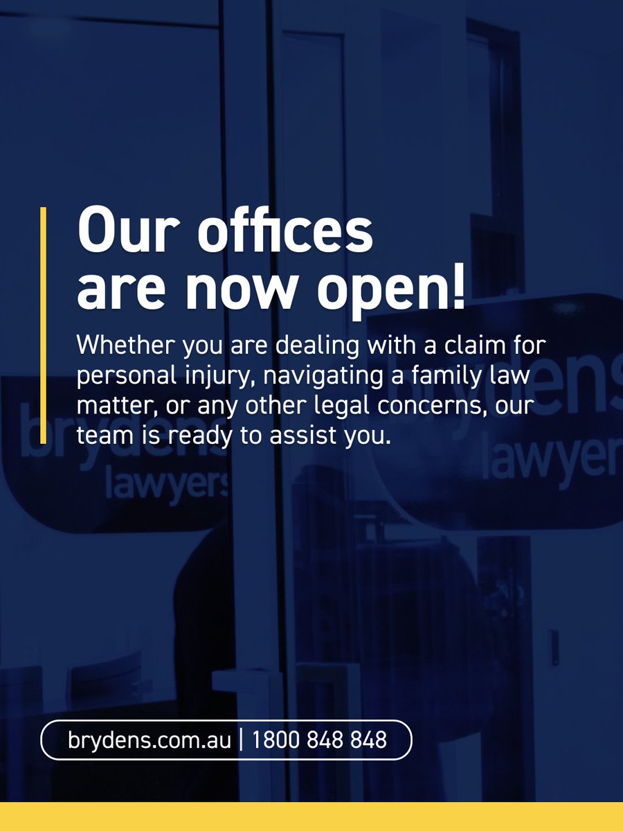 BrydensLawyers's tweet image. 💼 WE ARE OPEN! 💼

If you or someone you know requires legal advice, contact our friendly team today on 1800 848 848 or visit us at brydens.com.au to book a free* consultation.

#brydenslawyerswedo #legaladvice *conditions apply.