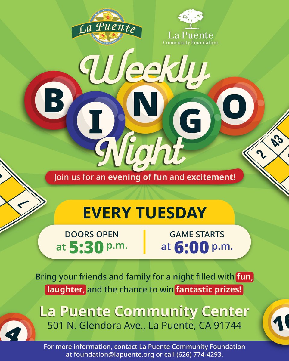 CityofLaPuente's tweet image. Welcome to Family Bingo Night👪
From the youngest to the oldest, everyone can enjoy games, fun, and lots of laughter that will spread to everyone.

🚪Doors open: 5:30 pm | 🕙 Game starts: 6:00 p.m.
📍 La Puente Community Center 

#LaPuente #FamilyBINGO #luck #memories #community