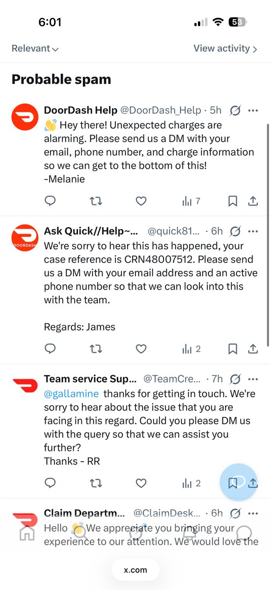 gallamine's tweet photo. This account question to @DoorDash now has 6 replies from 6 different accounts all impersonating DD help desk. Not cool https://t.co/2tVLvyLxCo