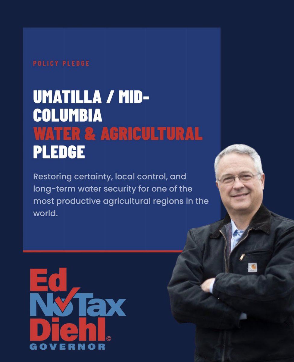 Real_EdDiehl's tweet photo. We are making a pledge to the farmers and communities of the Umatilla / Mid-Columbia region. This pledge restores local control, certainty, and long-term water security to Eastern Oregon’s vital agricultural corridor.

This 51-mile region along the Columbia River produces over 2 billion dollars in annual economic output. Yet Oregon gets only 0.3 percent of the river’s flow. Groundwater declines, nitrate contamination in drinking water wells, shifting regulations, and restrictive fish mitigation policies have been worsened by Governor Kotek’s policies and years of state overreach that ignore local expertise.

My pledge includes eight key actions:

✅ Local district-based water management with flexible sharing
✅ Practical, balanced fish mitigation policies
✅ Oregon’s fair share of Columbia River water
✅ 500,000 new acre-feet of aquifer storage in four years
✅ Effective groundwater banking
✅ Peer-reviewed science in all decisions
✅ 30-year regulatory certainty
✅ Full accountability for state agencies

Farmers and local leaders have the solutions. As Governor, I will support them and remove the barriers.