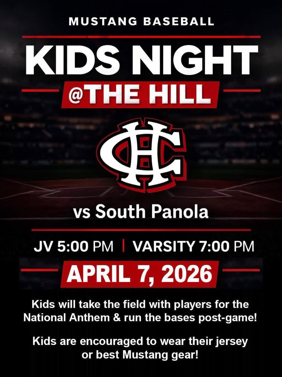 TheHillBasebal1's tweet photo. Bring the family out for a fun night of Mustang Baseball as they take on South Panola Tuesday Night

JV 5/V 7

Kids 12 &amp; under will take the field with players during the National Anthem &amp; run the bases post-game.  

Kids participating in the anthem should be lined up by 6:45 PM https://t.co/iRjRN2d4Ax