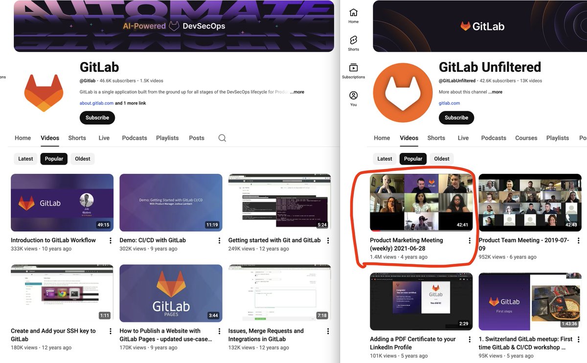 _TylerDane_'s tweet photo. A random marketing meeting on GitLab's side channel is 3X more popular than their main channel's top vid. 

The reason? Ppl play the marketing meeting in the background to make it seem like they're busy lol https://t.co/FPwuVJeKip