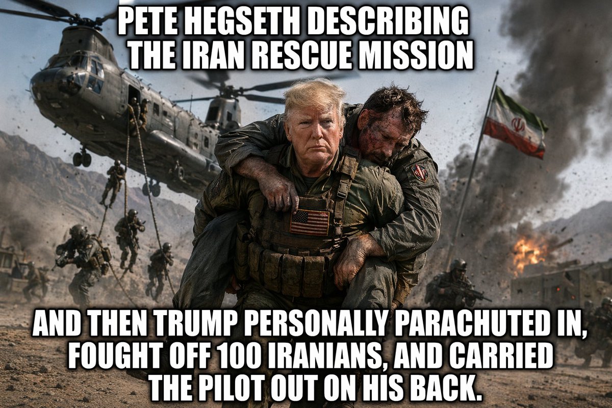 slayer_agolf's tweet image. Pete Hegseth talks about the rescue of a US pilot in Iran like Trump personally went in and physically carried the pilot out on his back. 
#SickAF
#pathetic