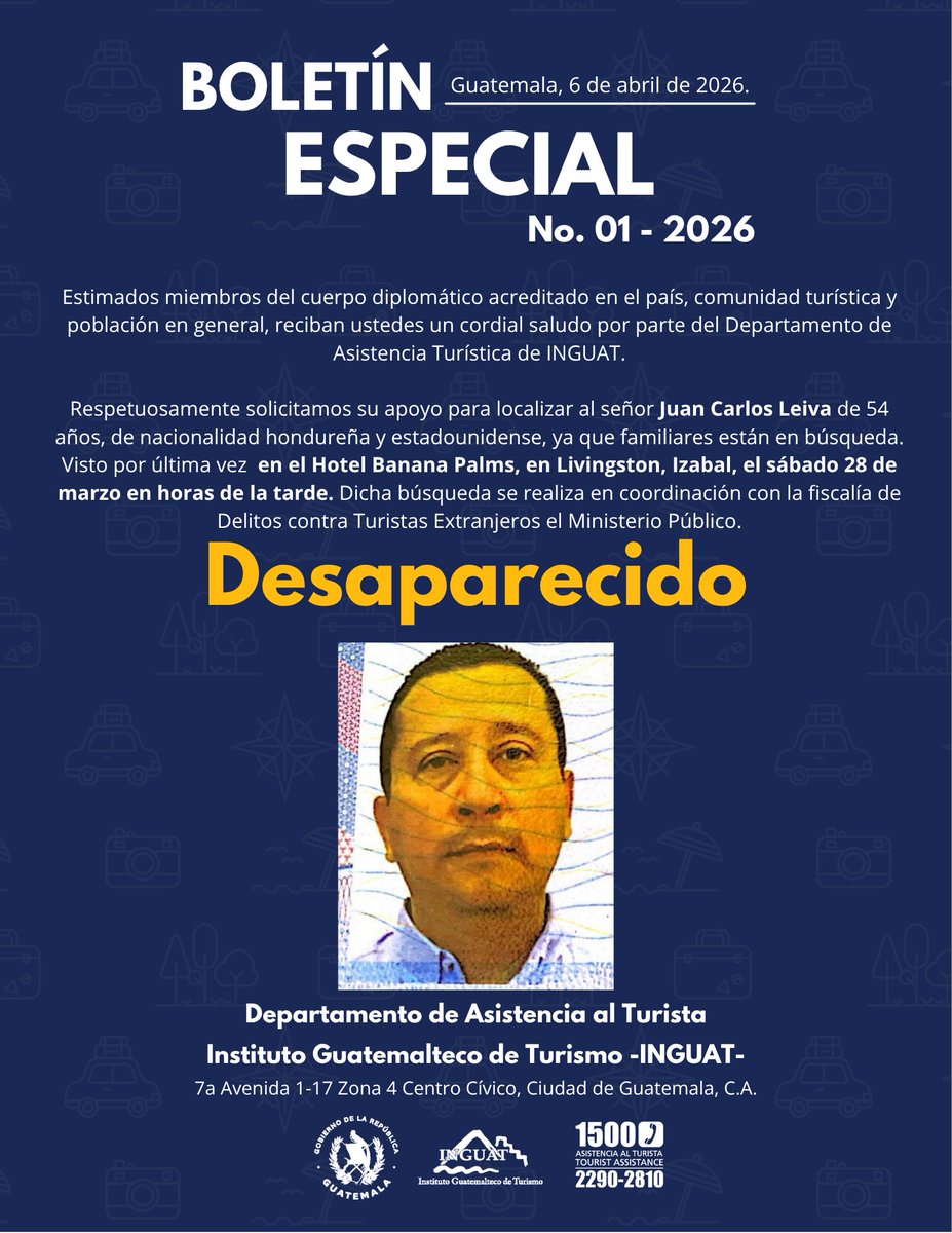 Asistencia1500's tweet photo. 📌 A la población en general: El Departamento de Asistencia Turística de INGUAT solicita difundir y reportar información relevante a: Asistencia Turística 1500 / 2290-2810; DISETUR 3033-7759 / 2251-4897; Ministerio Público 2411-9191 ext. 22602 / 5514-3653 / 5831-2596. https://t.co/kvDLcJjS3p