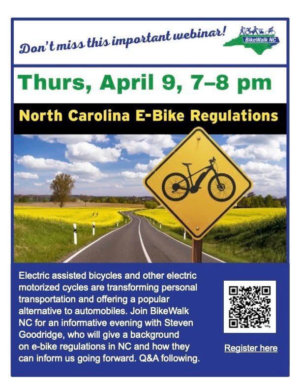 BikeWalkNC is hosting a webinar this Thursday about e-bike regulations - we’ve already seen some municipalities create codes that conflict with state law.  <a href="/bikewalknc/">BikeWalk NC</a> 

bikewalknc.wildapricot.org/event-6610953