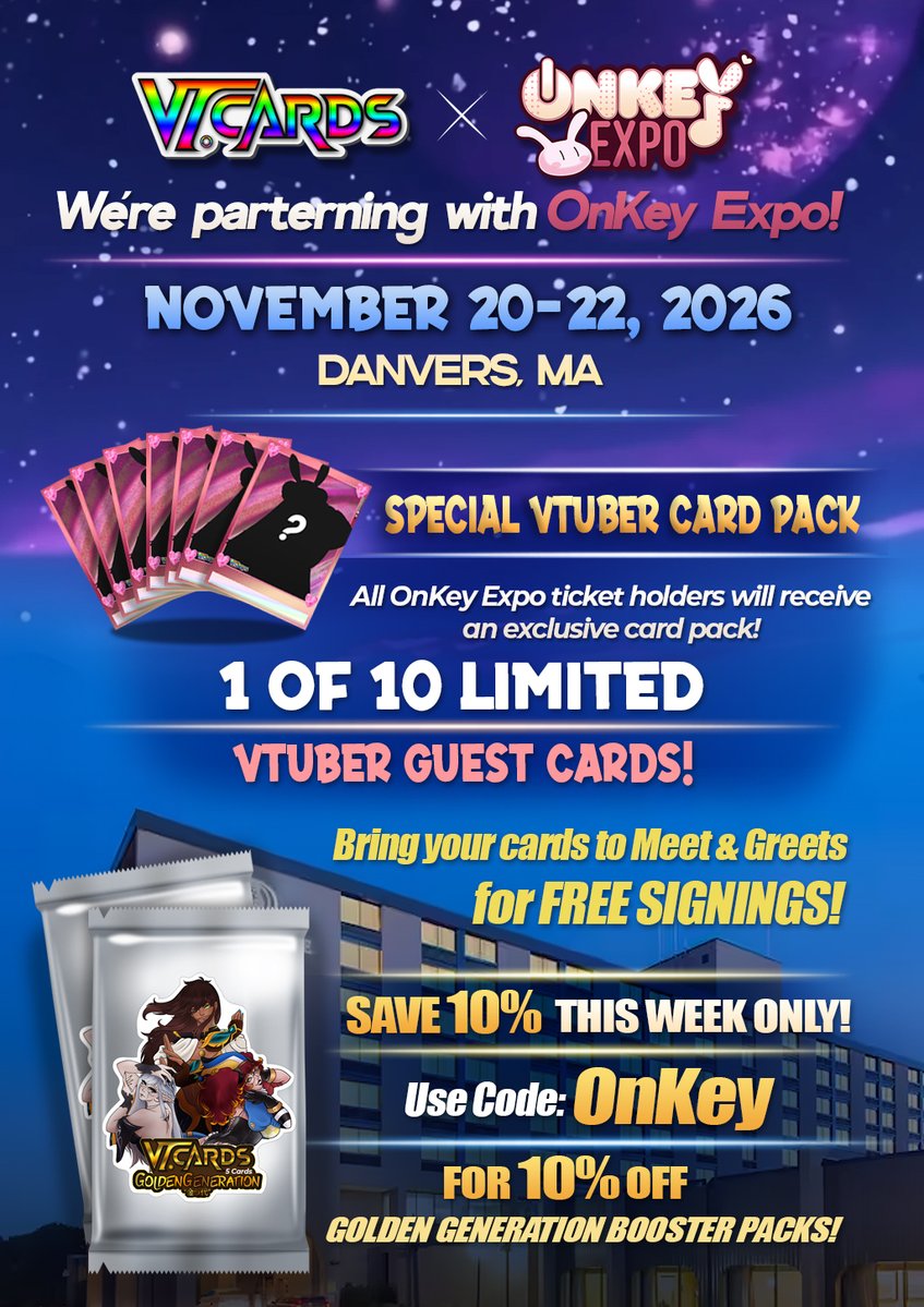 🚨 BIG ANNOUNCEMENT 🚨

VT-Cards is officially partnering with <a href="/OnKeyExpo/">OnKey Expo - First US East Coast Vtuber Convention</a> (Nov 20–22, 2026 in Danvers, MA)! 🎉

🎴 Every ticket = FREE exclusive card pack
✨ 1 of 10 collectible VTuber guest cards (guests TBA 👀)
✍️ Bring your card to meet &amp; greets and get it signed FREE!
And to