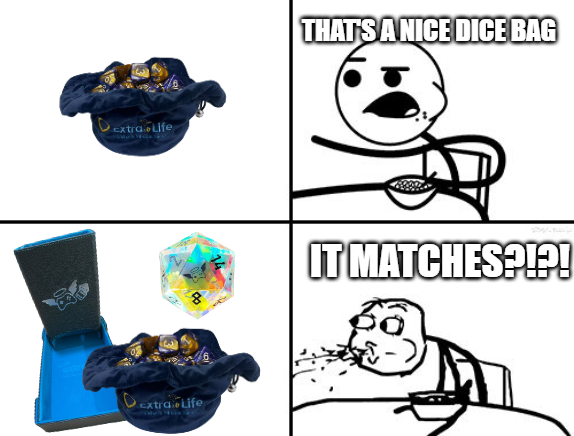 You heard it here: the dice bag INDEED matches our other tabletop incentives! 😎🎲 Complete your matching tabletop set by smashing your fundraising goals this weekend. 
Share your fundraising goal in the comments!✨