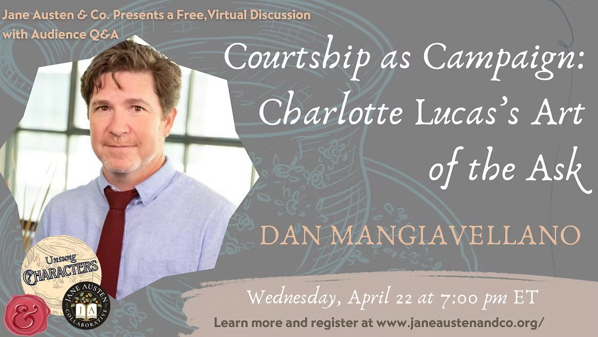 JaneAustenandCo's tweet image. Join us online Wed, April 22 for the next talk in our 'Unsung Characters' series. Register here: janeaustenandco.org/event-details/…

#janeausten #publichumanities #virtualtalks