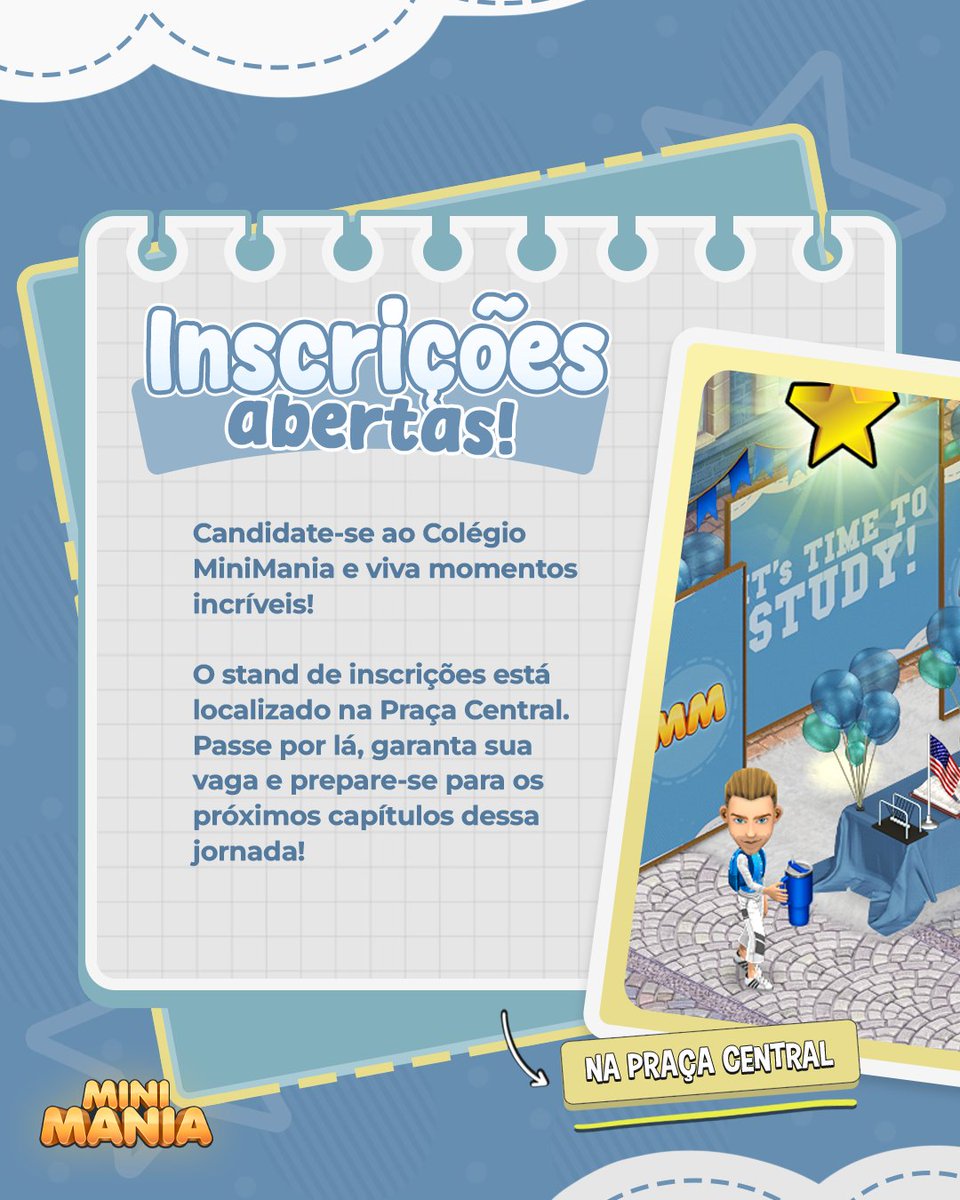 MiniManiaApp's tweet photo. Este mês também é de grandes aprendizados! Te convidamos a visitar a Praça Central para se candidatar a uma vaga do Colégio MiniMania através da inscrição interativa. Embarque com a gente nessa jornada de conhecimento, muitas surpresas se aproximam!

#MiniMania #MiniManiaApp #MiniManiaAppEn #Jogo #Game