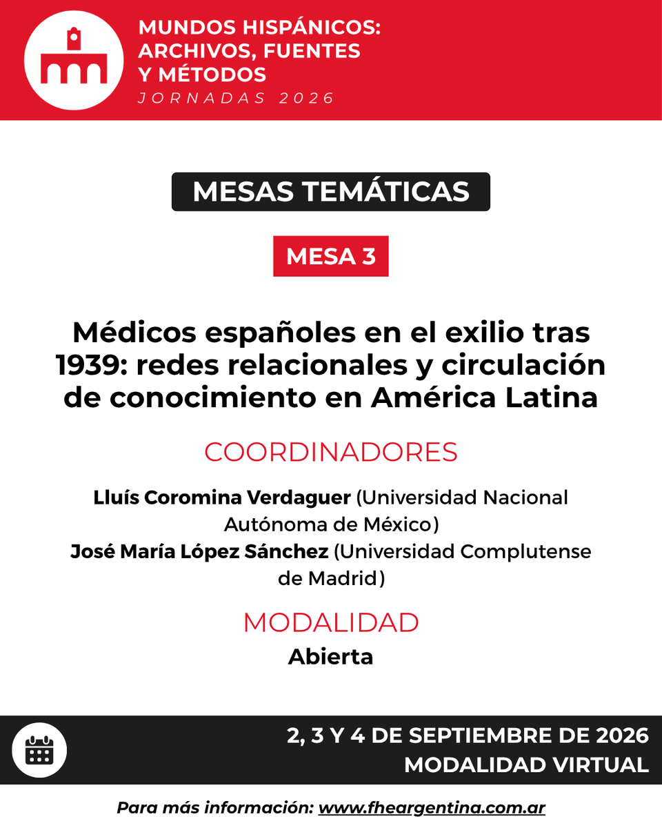 fheargentina's tweet photo. 🗣 ¡Primeras mesas de estas XIV #Jornadas2026!

🪧 #Convocatoria a presentación de ponencias abierta hasta el 31 de mayo 2026.
🗓️ 2, 3 y 4 de Septiembre de 2026
💻 Modalidad virtual

Más info e #inscripción: https://t.co/EMsCXpYS3N

#fhe #jornadasinternacionales #historia https://t.co/otyZMHrZ8C