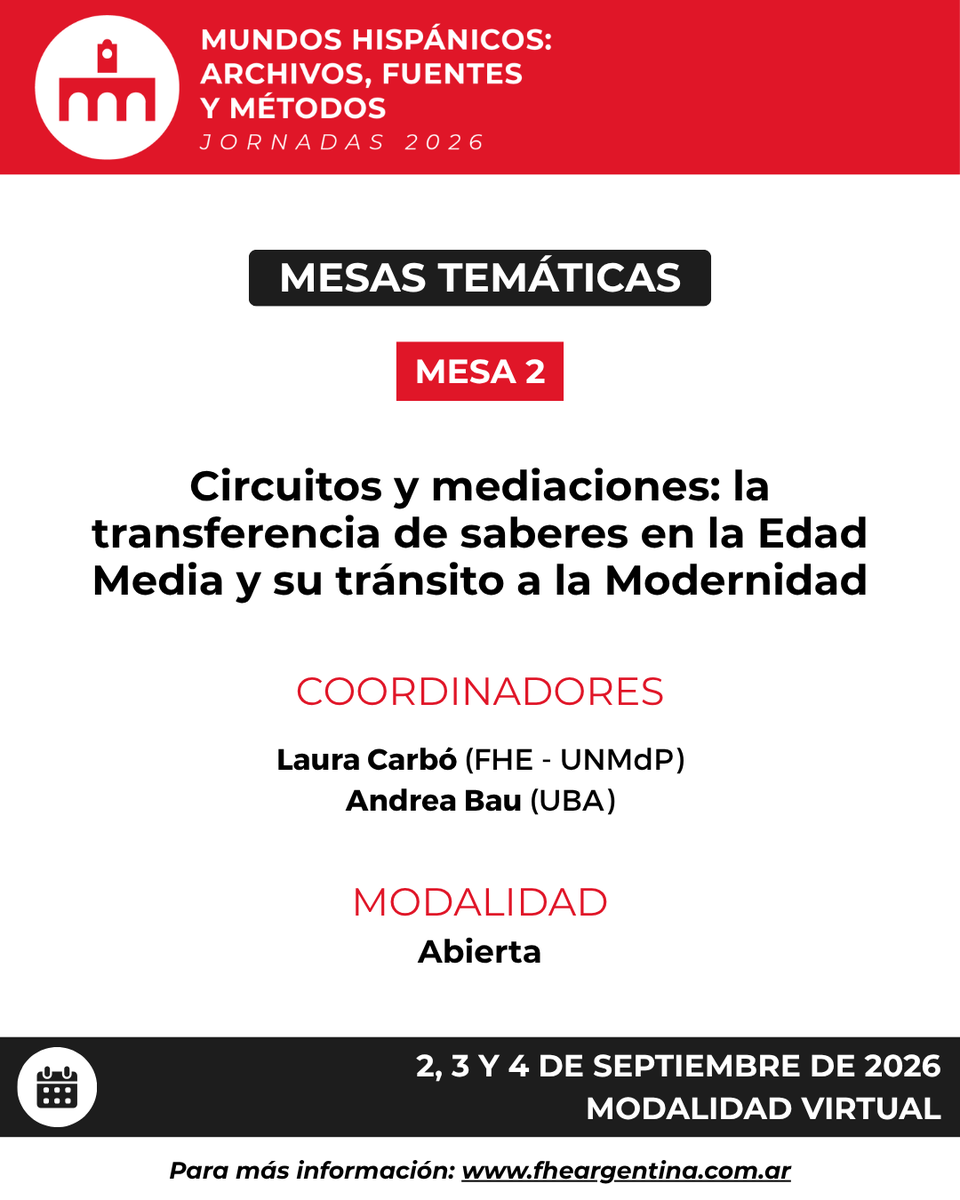 fheargentina's tweet photo. 🗣 ¡Primeras mesas de estas XIV #Jornadas2026!

🪧 #Convocatoria a presentación de ponencias abierta hasta el 31 de mayo 2026.
🗓️ 2, 3 y 4 de Septiembre de 2026
💻 Modalidad virtual

Más info e #inscripción: https://t.co/EMsCXpYS3N

#fhe #jornadasinternacionales #historia https://t.co/otyZMHrZ8C