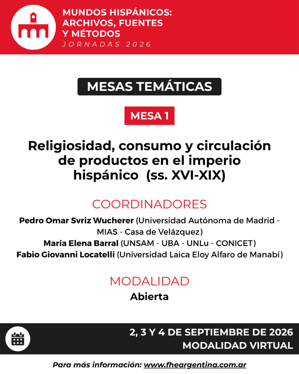 fheargentina's tweet photo. 🗣 ¡Primeras mesas de estas XIV #Jornadas2026!

🪧 #Convocatoria a presentación de ponencias abierta hasta el 31 de mayo 2026.
🗓️ 2, 3 y 4 de Septiembre de 2026
💻 Modalidad virtual

Más info e #inscripción: https://t.co/EMsCXpYS3N

#fhe #jornadasinternacionales #historia https://t.co/otyZMHrZ8C