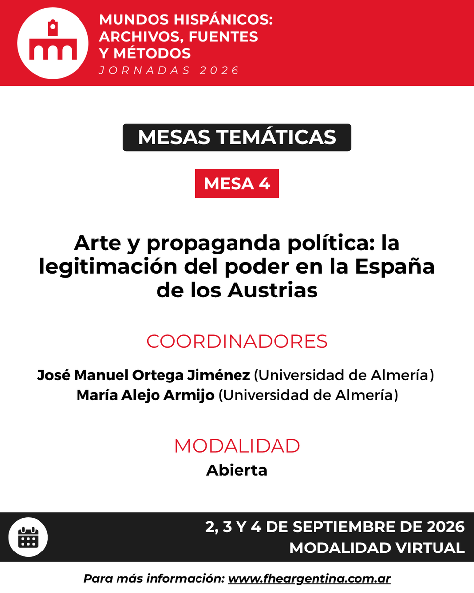 fheargentina's tweet photo. 🗣 ¡Primeras mesas de estas XIV #Jornadas2026!

🪧 #Convocatoria a presentación de ponencias abierta hasta el 31 de mayo 2026.
🗓️ 2, 3 y 4 de Septiembre de 2026
💻 Modalidad virtual

Más info e #inscripción: https://t.co/EMsCXpYS3N

#fhe #jornadasinternacionales #historia https://t.co/otyZMHrZ8C