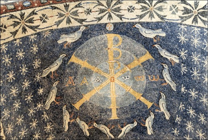 a_london_pigeon's tweet image. Twelve doves surround the Chi-Ro monogram #mosaic from a sixth century baptistery in Albenga ‘City of a hundred towers’ #Gulf_of_Genoa #Liguria #Italy. 
The Chi-Rho is a symbol in Christian art comprising the first two letters of the Greek word ΧΡΙΣΤΟΣ (Christos).