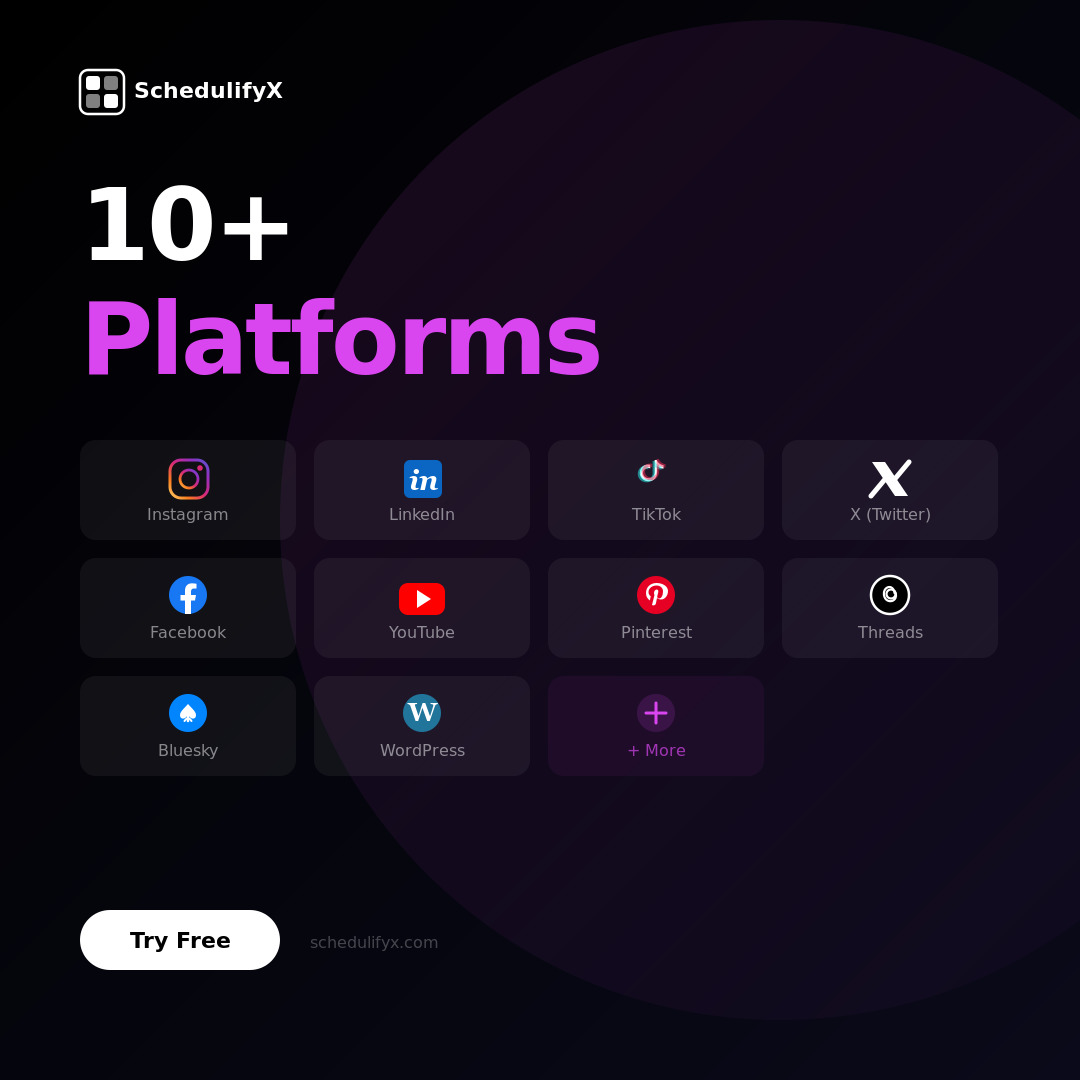 schedulifyx's tweet image. 10+ platforms. One dashboard.

Instagram, LinkedIn, TikTok, X, Facebook, YouTube, Pinterest, Threads, Bluesky, WordPress — all managed from SchedulifyX.

→ schedulifyx.com

#MultiPlatform #SocialMedia #SchedulifyX