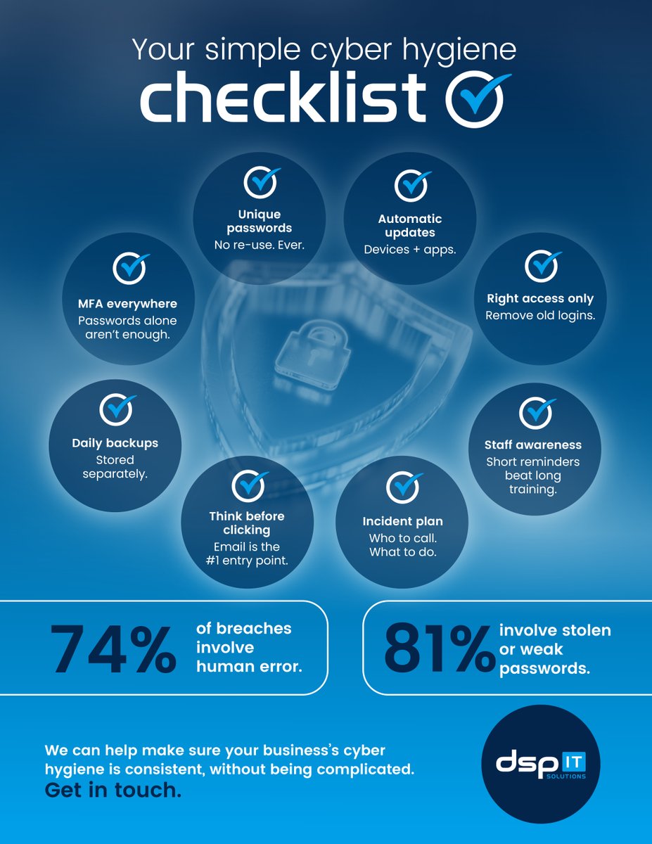 DSPElectronics's tweet photo. How is your business's cyber hygiene? Here is a simple checklist to help
#CyberHygiene #WeAreDSPIT https://t.co/eH2I6iXyJ5