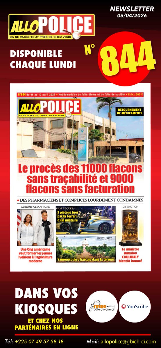 AlloPolice's tweet photo. Dans vos kiosques depuis ce lundi 06/04/2026.  
PRESSE CI https://t.co/VcfG9H8Gma 
YOUSCRIBE https://t.co/ghY4qbRMXI https://t.co/dcVW9XxUCj