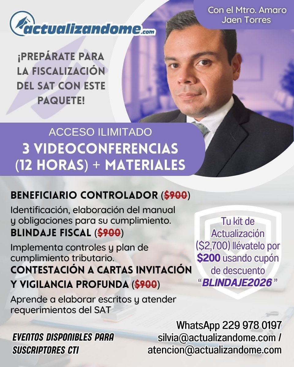 🚨 Accede a 3 videoconferencias (12 horas) + materiales con un enfoque práctico a $200 usando el cupón: BLINDAJE2026

Obténlo en Actualizandome.com
También por 📲 WhatsApp 229 978 0197
☎️ 229 939 66 60 / 229 167 4514

#contadores #actualizandome #barraactualizandome