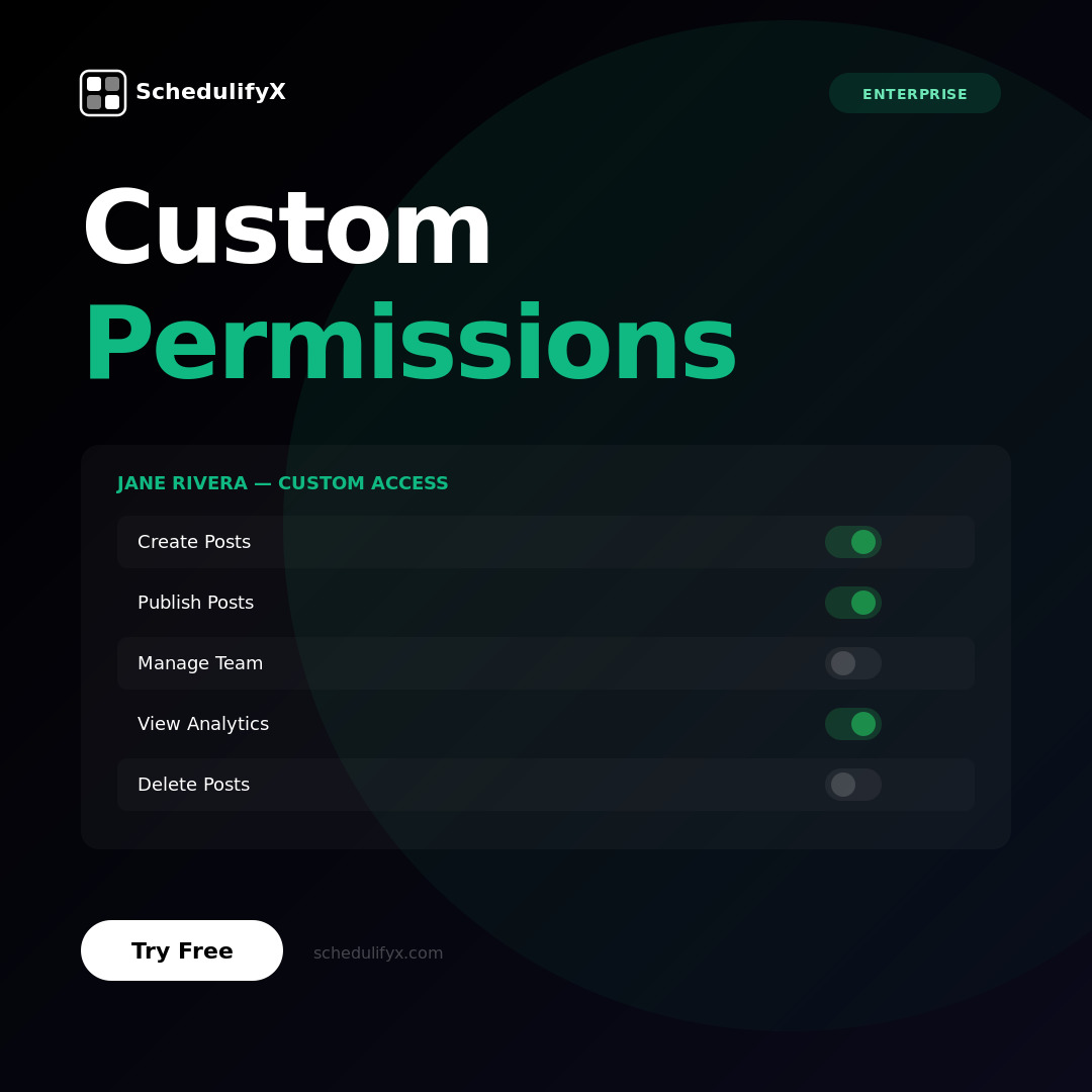 schedulifyx's tweet image. Granular permission control.

Toggle exactly what each team member can do — create, publish, manage, view, delete. No more or less.

→ schedulifyx.com

#Permissions #Enterprise #SchedulifyX