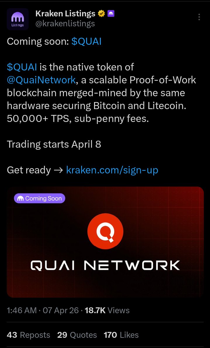 Tokenized99's tweet image. Quai Network is officially landing on Kraken this April 8 — and trading is about to go LIVE. 🔥🔥🔥

This isn’t just another listing, it’s a major liquidity unlock and a huge step toward global exposure. 🌍 
Eyes on Quai. 👀 @0xalank

#QuaiNetwork