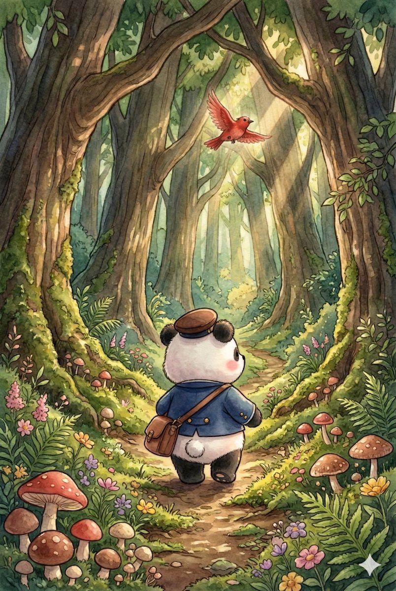 Panda_Studio_Ai's tweet image. ふかい もりに はいりました。
とおくで ことり、と えだの おれる おとが します。
こもれびが きらきら ゆれて、みちを てらしていました。
　
#パンダ #panda #パンダ絵本 #てがみをとどけに