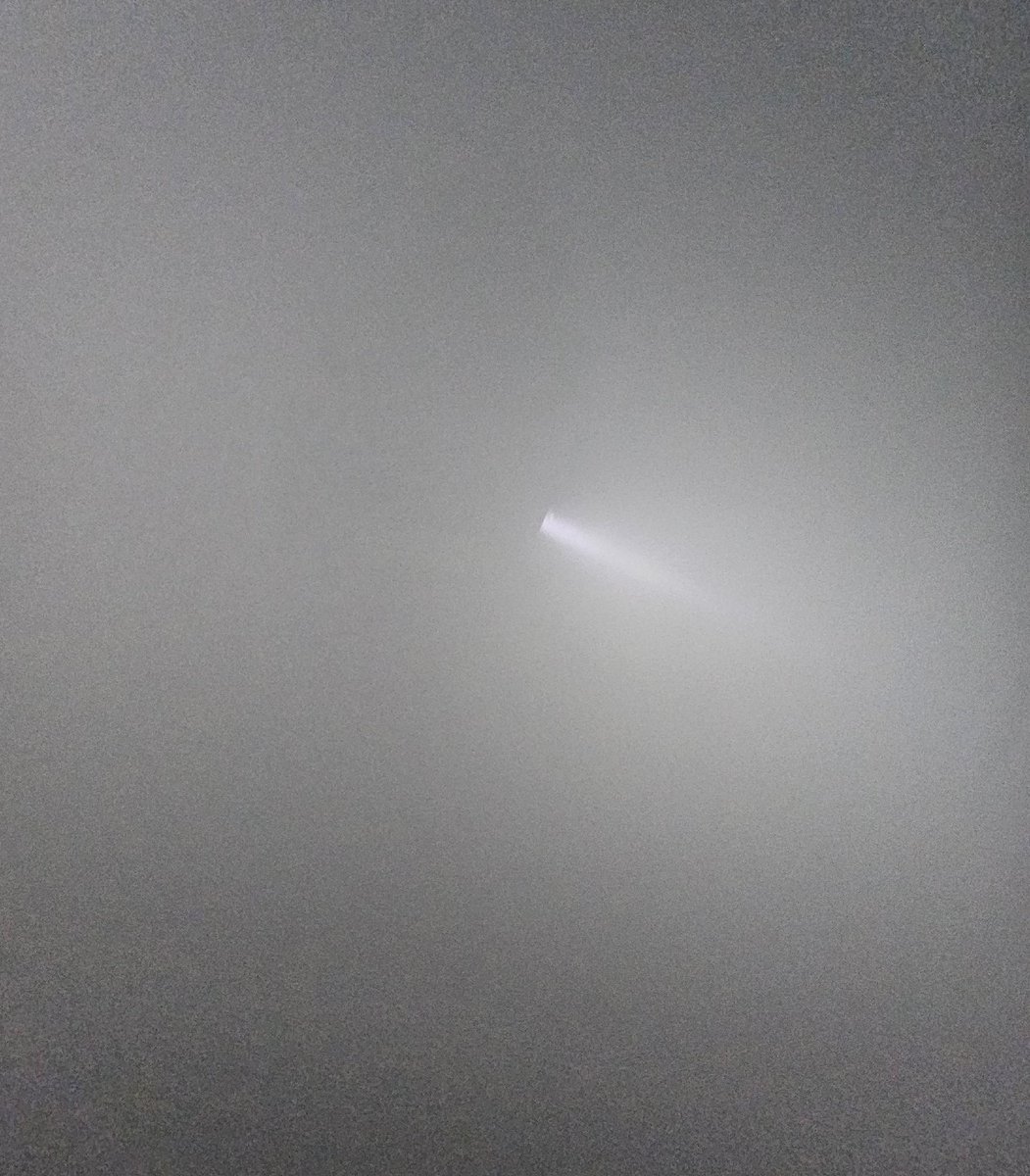 A lone flashlight beam shines through a thick, smoky, zero visibility atmosphere.