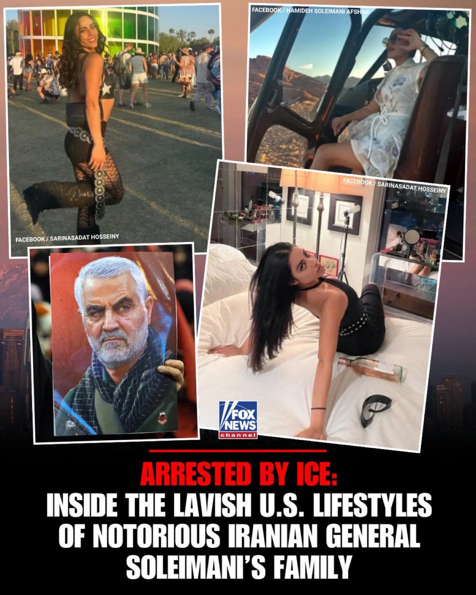 IceXTruths's tweet photo. Apoiar um regime terrorista enquanto se levava uma vida de luxo em Los Angeles - é isso que, segundo as autoridades, levou à prisão da sobrinha e da filha do general iraniano Qasem Soleimani pelo ICE (Serviço de Imigração e Alfândega dos Estados Unidos).

O Departamento de Estado afirma que a sobrinha de Soleimani comemorou ataques contra tropas americanas e promoveu propaganda do regime iraniano, tudo isso enquanto vivia nos EUA com um visto de residência permanente (green card).

O casal foi detido pelo ICE após terem seus vistos de residência permanente (green cards) revogados.