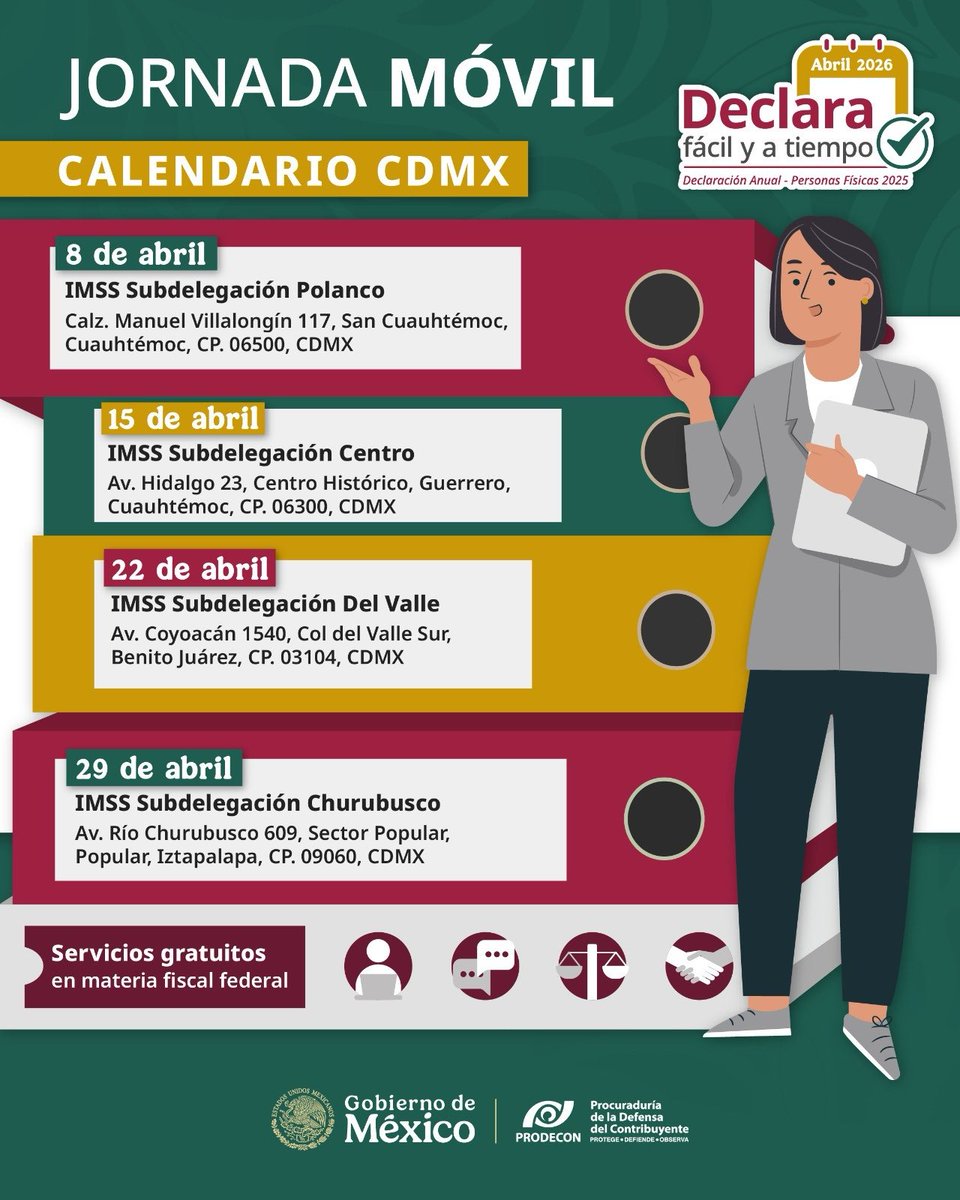 ProdeconMexico's tweet image. 🚨 ¡Las #JornadasMóviles de #PRODECON en el #IMSS están de regreso!

Acércate todos los miércoles, de 10:00 a 15:00 horas, y recibe asesoría gratuita en materia fiscal, de forma directa y cercana. 📅

🔍 Consulta nuestras próximas ubicaciones:

⚫ Polanco | 8 de abril
⚫Centro