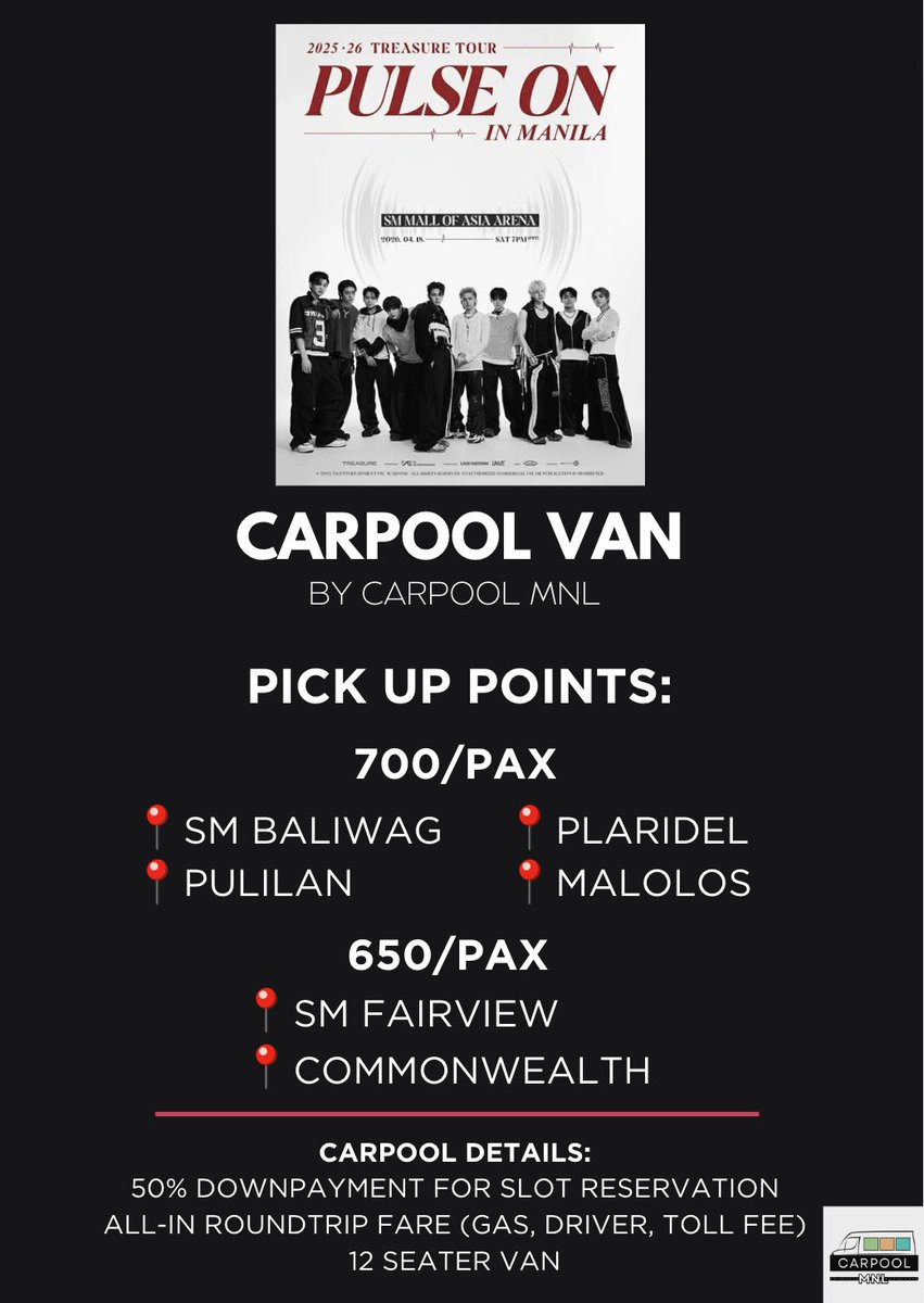 tseskadr_'s tweet photo. ‼️LOOKING FOR PASSENGERS‼️

2025-26 TREASURE TOUR: 
[PULSE ON] in MANILA 
CARPOOL VAN

April 18, 2026 - Mall of Asia Arena

🕙 10am pick up time

TEUME's! RESERVE YOUR SLOTS NOW! ~ 💎

#TREASURE #트레저 #PULSE_ON
#PULSE_ON_IN_MANILA 
#TREASUREinManila #TeumePH 
#CarpoolMNL https://t.co/8JKRLiDMea