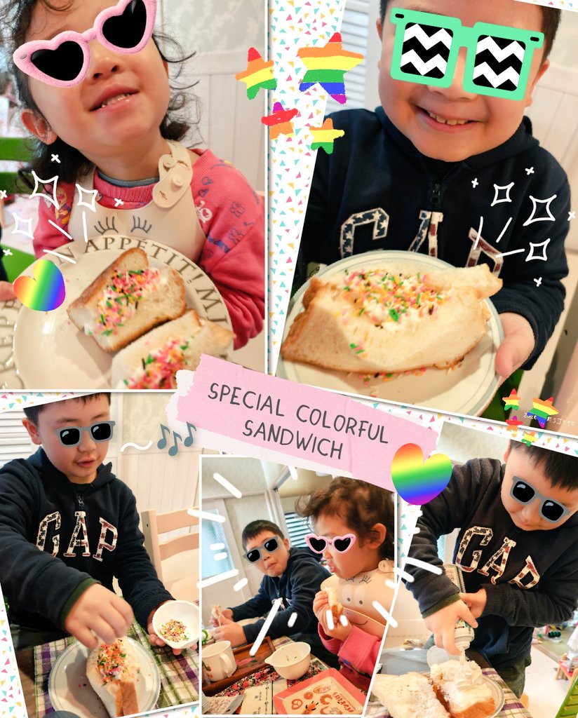 shun_ka_shu_tow's tweet image. 🌸kidは3年生🌸
🌸なっちゃんは明日入園式🌸

噂の🌈カラフルサンドイッチ🥪
子供達と一緒に作ってみました( *´艸`)～🎶
🍞自家製焼きたてパンに…
🧁ホイップクリーム入れ放題🎶
🌈カラフルスプレーチョコかけ放題🎶
楽しいし美味しい～🍴(*´ч`*)ﾓｸﾞﾓｸﾞ🎶
 #cook  #home  #sweet  #baking