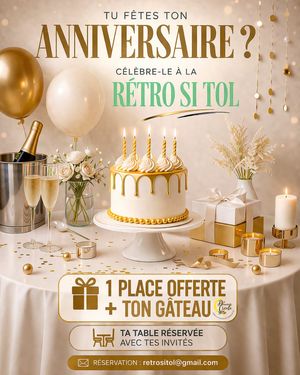 🎂 Né(e) entre le 1er et le 13 mai ?
Paris mercredi 13 mai ✨
🎁 1 place offerte + ton gâteau au choix
🍰 Confectionné par notre partenaire La Douceur Créole Patisserie fait maison
🍾 Table réservée avec tes invités
📩 Réservation : retrositol@gmail.com