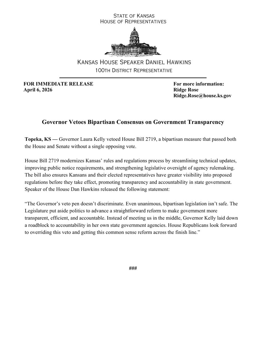 DanHawkinsKS's tweet image. The Governor just vetoed HB 2719, which passed the House and Senate without opposition. See my full statement below: #ksleg