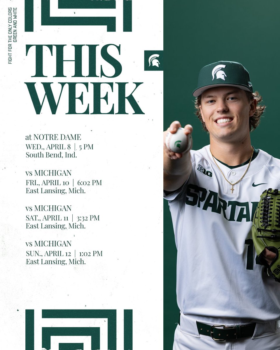 MSUBaseball's tweet photo. THIS WEEK IN SPARTAN BASEBALL:

MSU at Notre Dame WED, before hosting Michigan in 
@B1Gbaseball weekend series!!

WED at Notre Dame - 5 pm

FRI-SUN vs. Michigan - Jeff Ishbia Field at McLane Stadium

🎟️https://t.co/9kpebFtID2

#GoGreen | @TSzczepanski11 https://t.co/i0ZwE1xICg