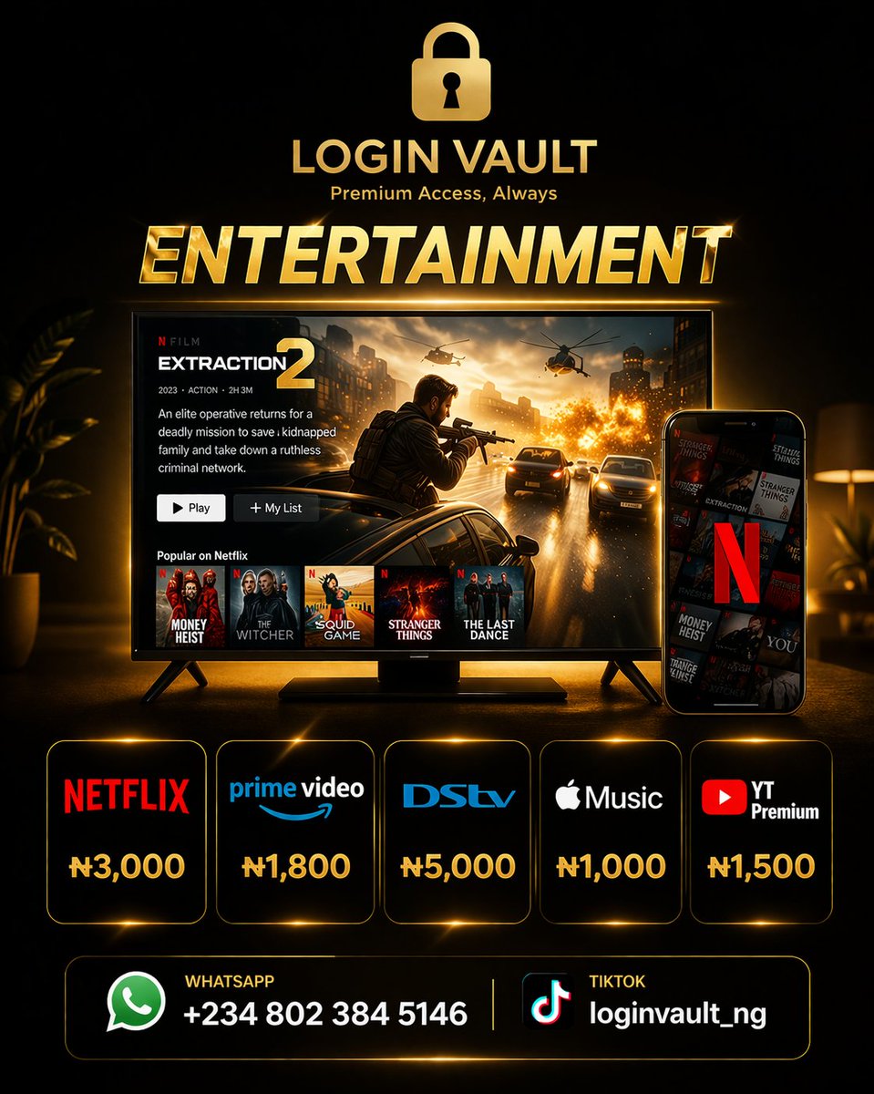 Loginvault_ng's tweet photo. Why pay full price? 👀
Netflix • Prime Video • DSTV • Apple Music • YT Premium — all available.
Affordable. Fast. Reliable.
📲 08023845146
🎵 @loginvault_ng
#LoginVault #NigeriaDeals #affordable #subscriptions https://t.co/I1nEz30wjR