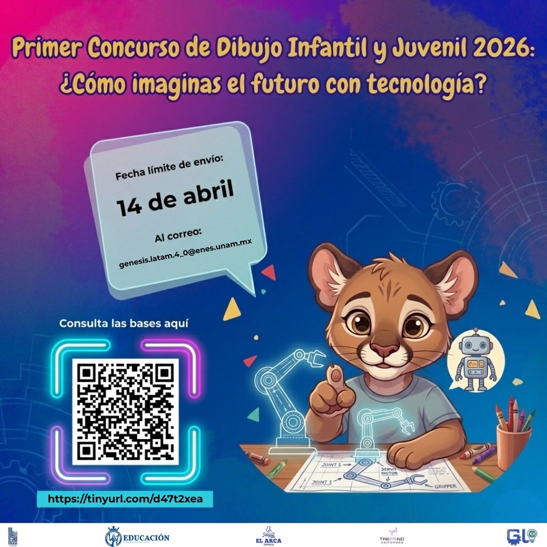 CtI40's tweet photo. Convocatoria abierta 🎨🤖

Invitamos a docentes, madres y padres a animar a niñas, niños y adolescentes de 6 a 15 años a compartir su visión del futuro en el Concurso de Dibujo Infantil y Juvenil 2026.

📅 14 de abril
📩 genesis.latam.4.0@enes.unam.mx

Bases en el QR ✨ https://t.co/OHe4OUkcYY