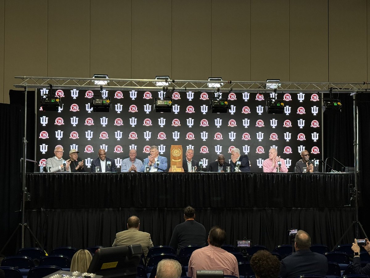 AngelaMoryanTV's tweet photo. Indiana’s 1976 undefeated national championship team is all together again to be honored at tonight’s national title game in Lucas Oil Stadium. 

Pat Knight is here to represent Bob Knight. https://t.co/pwiQQtLfja