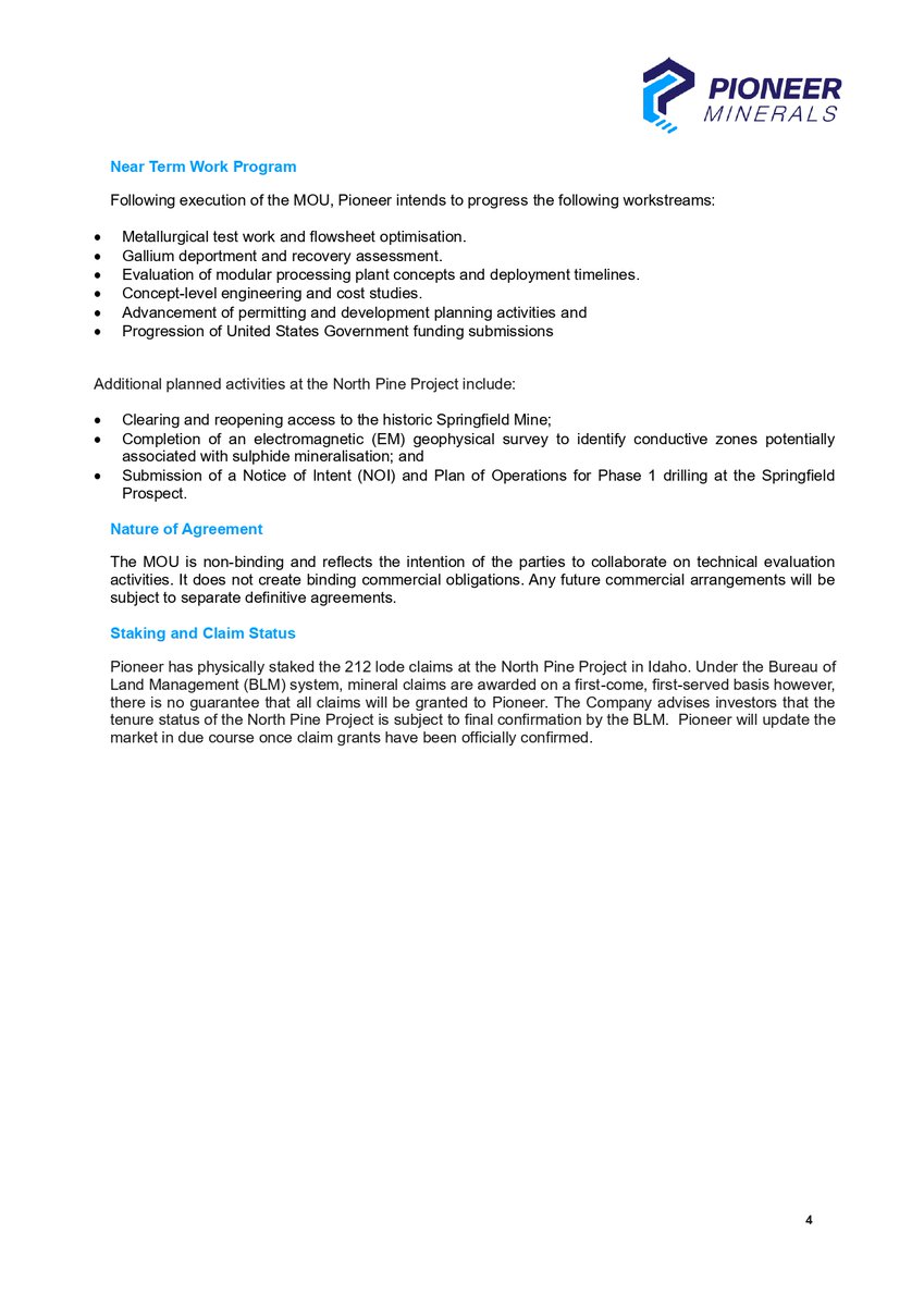 Pioneer Minerals (ASX: $PMM) Executes Strategic Processing Collaboration to Advance US Tungsten and Unlock Gallium Upside

Key Highlights
• Strategic MOU with Mineral Technologies USA to support development of the Springfield Project. 
• Focus on establishing domestic tungsten