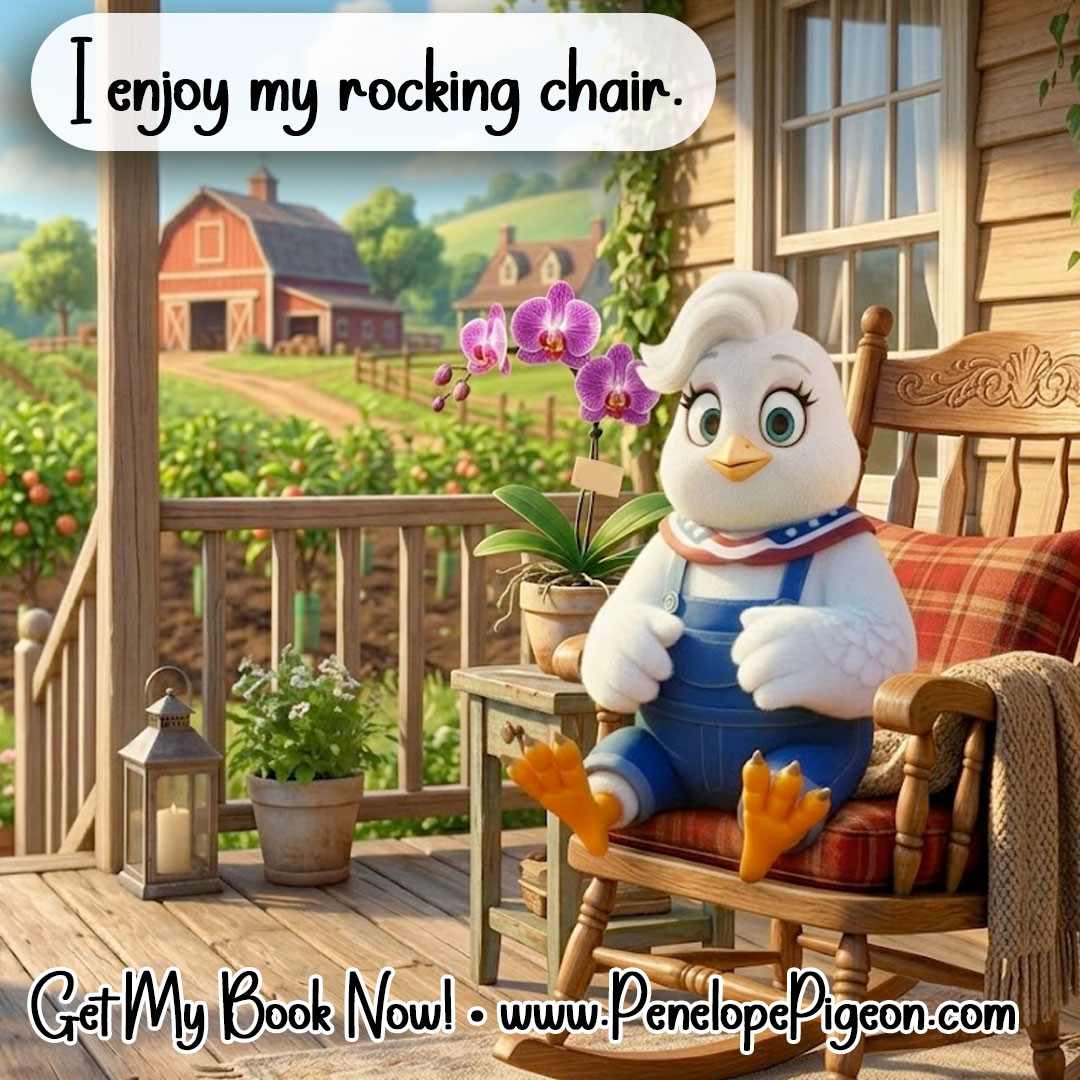 Just enjoying my porch and rocking chair.

Get my book on Amazon: amazon.com/dp/B0GBZYN2FS/
Visit my website penelopepigeon.com

#Penelope #peapoppingpigeon #childrensbook #childrensauthor #booksforchildren