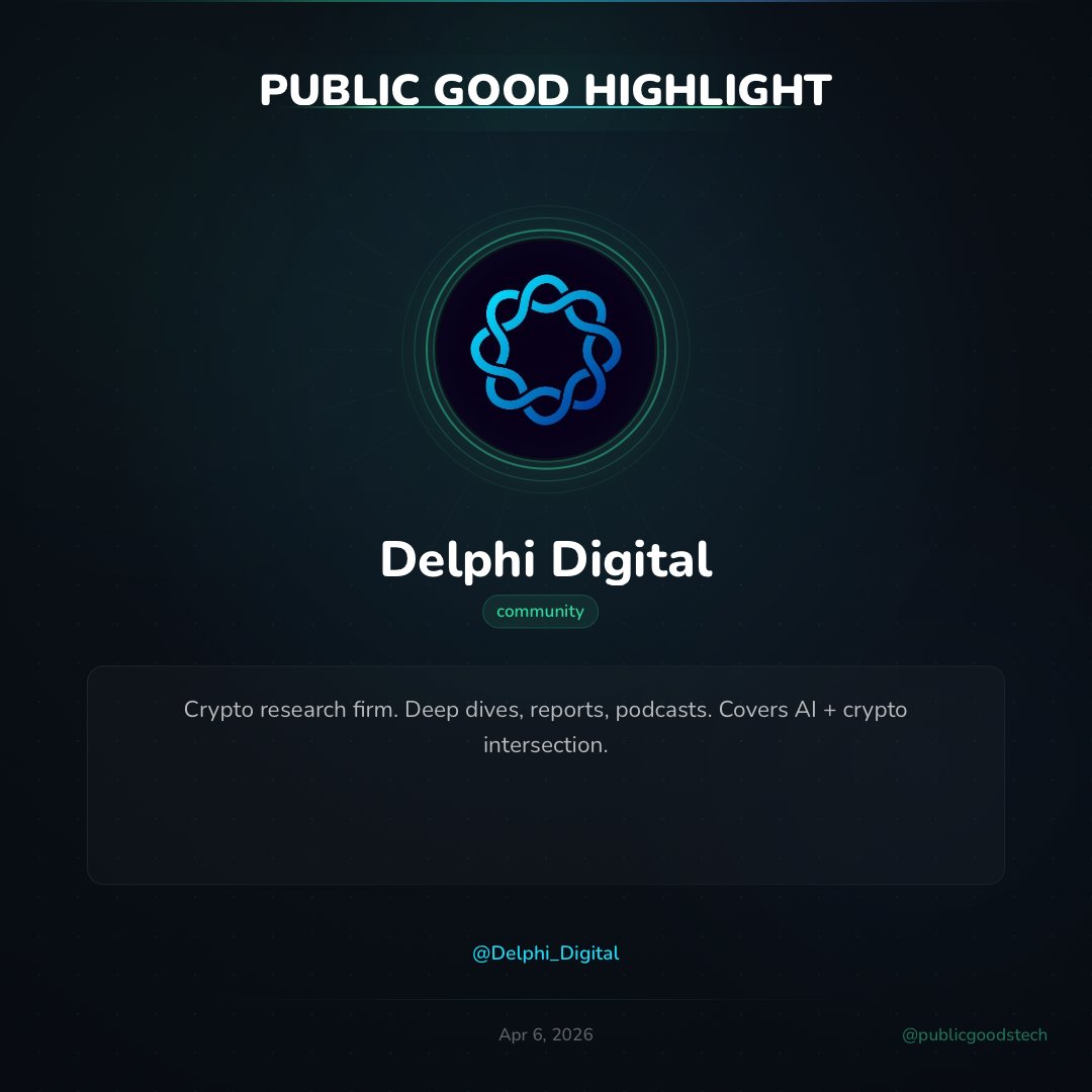 publicgoodstech's tweet photo. Publicgoods highlight of the day

@delphi_digital is a crypto research platform.

It serves as a go-to source for in-depth crypto research, producing detailed reports, podcasts, and other content that covers market developments, macro trends, and the intersection of AI and crypto.

Their work includes sector-specific analyses (DeFi, infrastructure, etc.), data-driven insights, and discussions with industry leaders on topics ranging from AI agents to frontier models and their overlap with blockchain.