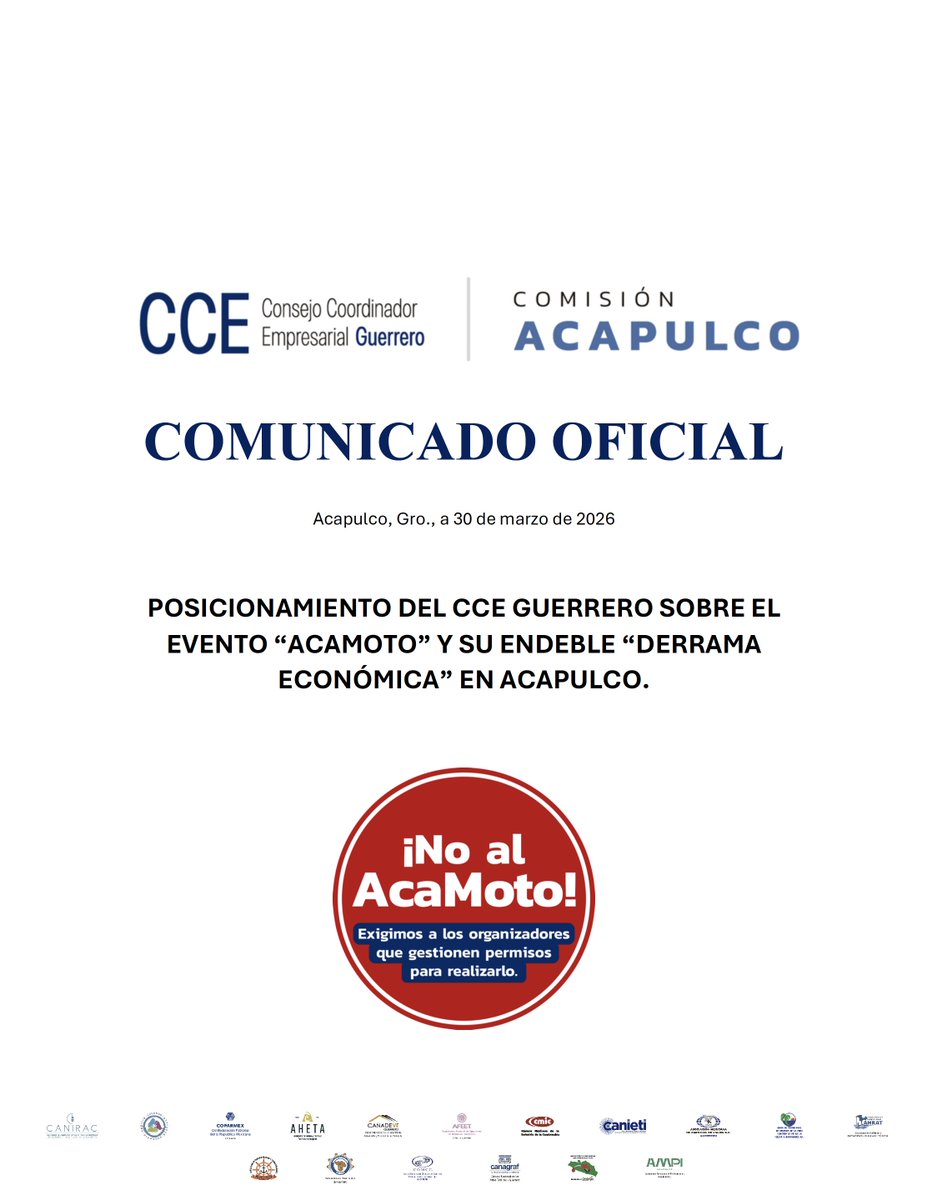 CCEGRO_oficial's tweet photo. CCE GUERRERO | COMISIÓN ACAPULCO

COMUNICADO OFICIAL:
Posicionamiento del CCE Guerrero sobre el evento "AcaMoto" y su endeble "Derrama Económica" en Acapulco. https://t.co/i807pfQeby