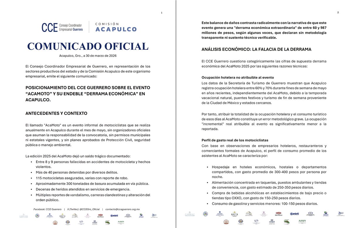 CCEGRO_oficial's tweet photo. CCE GUERRERO | COMISIÓN ACAPULCO

COMUNICADO OFICIAL:
Posicionamiento del CCE Guerrero sobre el evento "AcaMoto" y su endeble "Derrama Económica" en Acapulco. https://t.co/i807pfQeby