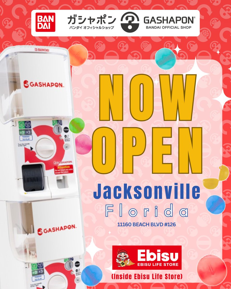 GashaponUS's tweet photo. Our Gashapon Official Shop is now open in Jacksonville! Stop by and experience Japan's #1 capsule toy brand! ✨
Inside Ebisu Life Store
11160 Beach Blvd #126 Jacksonville, FL 32246
#capsuletoy #gashapon #ebisulifestore #Florida https://t.co/5SjLBnvaUz