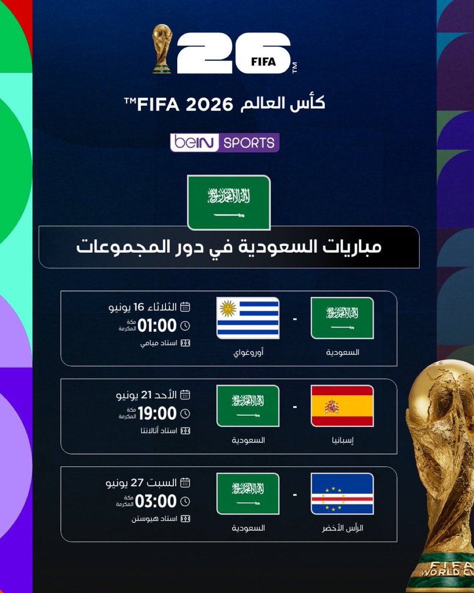 TajdeedBein's tweet photo. 🇸🇦 مواعيد مباريات منتخب السعودية في كأس العالم 2026! 🔥

متبقي على كأس العالم شهرين فقط 
بداية البطولة 10 يونيو وتنتهي 19 يوليو ..

▪️اضافة كاس العالم للرسيفر العربي :
بـ 375﷼

▪️اضافة كاس العالم للرسيفر الخليجي :
 بـ 585﷼

قنوات كأس العالم beIN Max رقمها بالرسيفر 
مـن 701 لــ 705 

📌 احفظ المنشور وكن على الموعد!
📭 اشترك الآن | ثقتكم غايتنا ورضاكم محل اهتمامنا 
📱https://t.co/jF97ApKBj9

#كأس_العالم2026 | #مونديال2026 |#السعودية_اوروغواي |#اسبانيا_السعودية
#FIFAWorldCup2026 | #WCQ2026