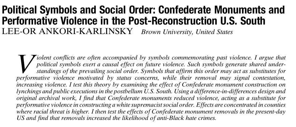 apsrjournal's tweet photo. From our FirstView: Political Symbols and Social Order: Confederate Monuments and
Performative Violence in the Post-Reconstruction U.S. South by LEE-OR ANKORI-KARLINSKY. https://t.co/4zTDG06Umu https://t.co/iKuxB6xnqX
