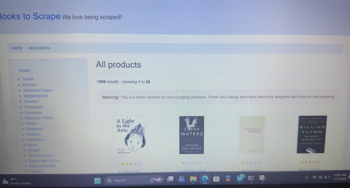 premiumbabyvibe's tweet photo. Day 1/100 🤍
Started my journey by learning how to collect data from the web using Python.
I scraped book data from a website and turned it into a dataset.
It’s a small step, but it feels like the beginning of something bigger.
One day at a time. https://t.co/uKxFHHLcyF
