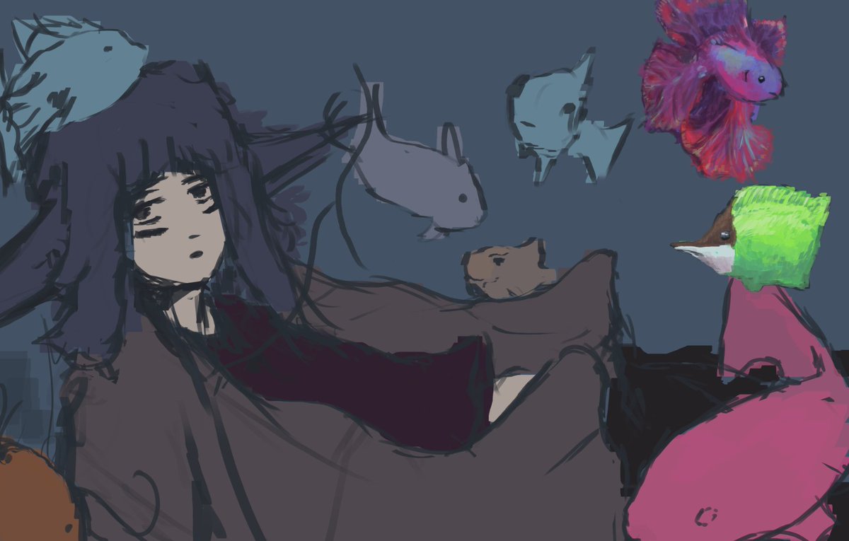 this sketch of my oc pisses me off so bad because i made it so long ago and i clearly burnt myself out drawing 2 stupid fish why did i do that this piece could have been awesome and now im too lazy to go back and finish it