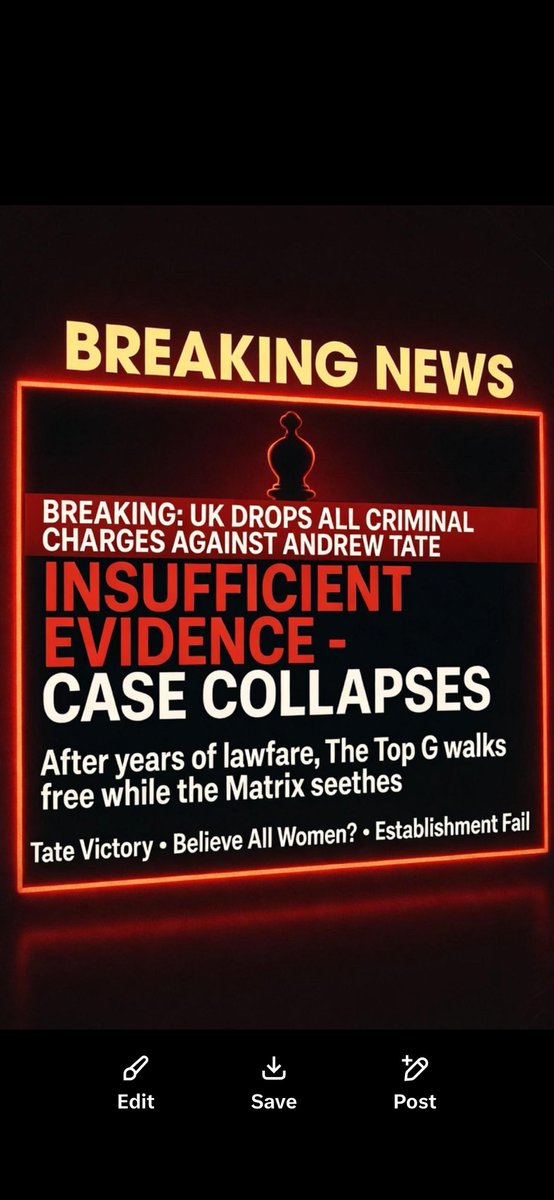 TBTerminal's tweet photo. UK just dropped all criminal charges against Tate’s: insufficient evidence.

After years of 'believe all women' hysteria and lawfare to silence the Top G...

They had nothing.

The Matrix tried to bury him for telling men to stop being weak. Failed spectacularly.

He's still winning. They're still seething. 

Change my mind.