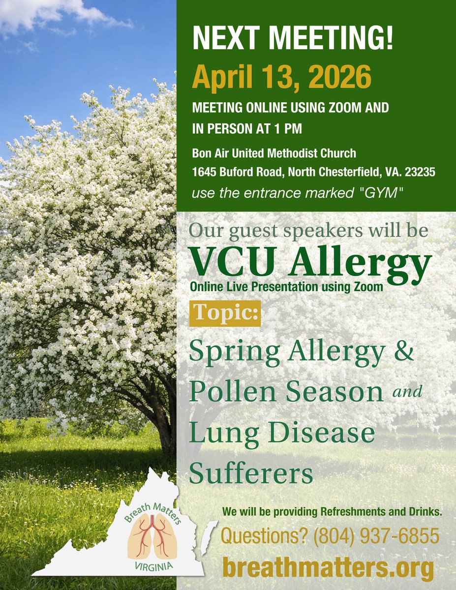 breathmattersva's tweet photo. Invitation to the April 13, 2026 Meeting of Breathmatters in Central Virginia
Our guest speakers will be VCU ALLERGY
Presentation: Spring Allergy &amp; Pollen Season and Lung Disease Sufferers https://t.co/WgPL7EoBT7