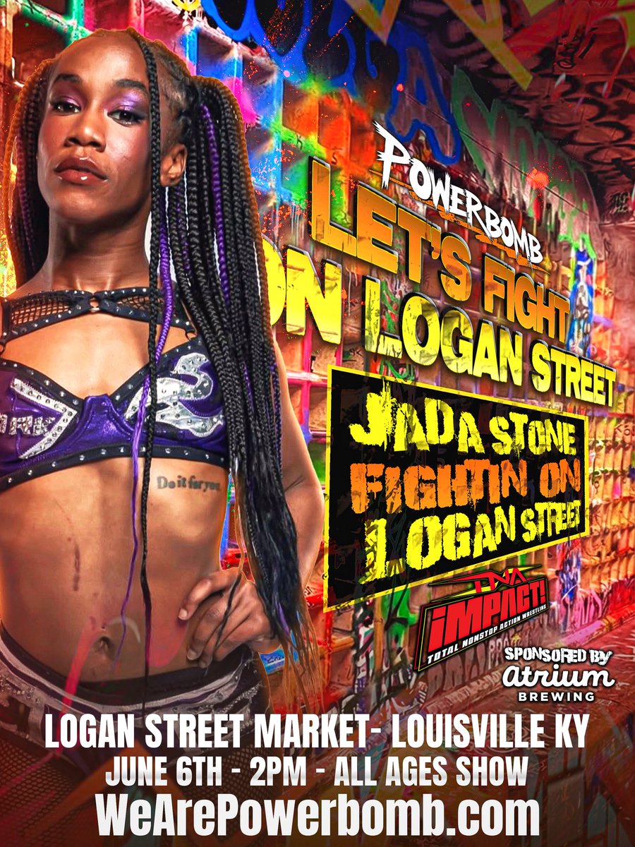 WeArePowerbomb's tweet photo. Things are heating up now!

TNA Wrestling star “THE SPARK” JADA STONE is FIGHTIN’ ON LOGAN STREET and we want to see you at Logan Street Market on JUNE 6TH for all the action!

Secure your spot at https://t.co/DVpFTjolSq https://t.co/0cAY1i640U