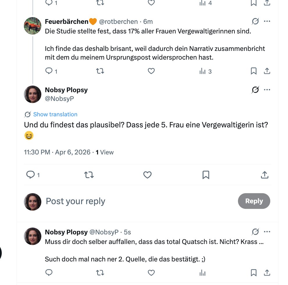 Durchsage aus der misogynen Blase von <a href="/rotberchen/">Feuerbärchen🧡</a>: 

JEDE 5. FRAU IST EINE VERGEWALTIGERIN 

Hat er so im Internet gefunden, muss ja stimmen!